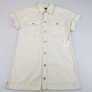 AE77 Denim Shirt Dress Womens Large Off White Organic Cotton Short Sleeve